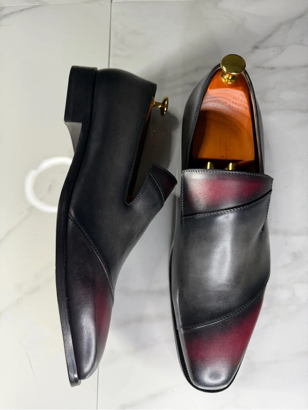 Men's Black Leather Slip-On Loafers with Burgundy Patina